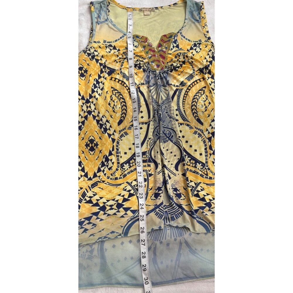 Energe Yellow Sleeveless Bohemian Tunic Top W/ Geometric Print Womens Size XL - Picture 11 of 13
